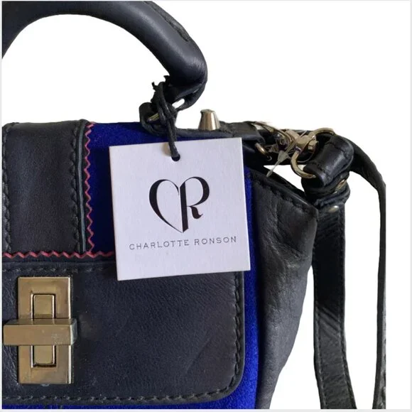 NWT Charlotte Ronson Navy Blue Wool & Black Leather Panel Crossbody Handbag - Picture 7 of 11